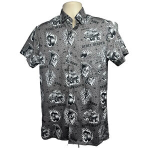 Rebel Reaper All Over Graphic Skulls Gothic Hot Rods Gray Button Up Shirt Medium